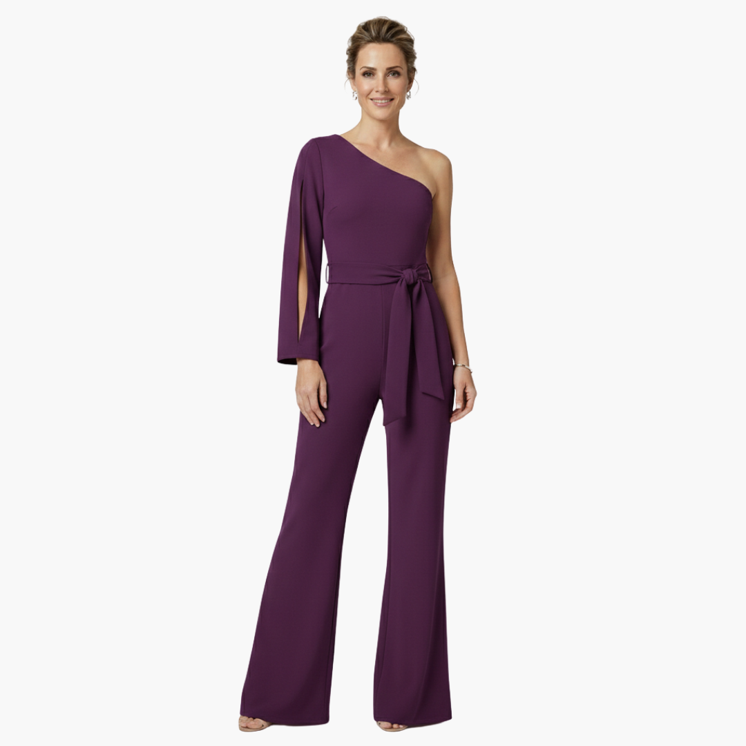 Jumpsuit for women, tailored and one-shoulder, plum purple with waist tie and wide-leg pants