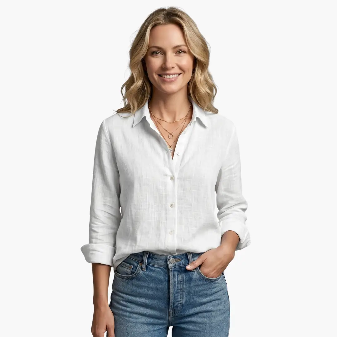 Elegant long-sleeve white blouse for women by Wilfred Smith, linen-look fabric