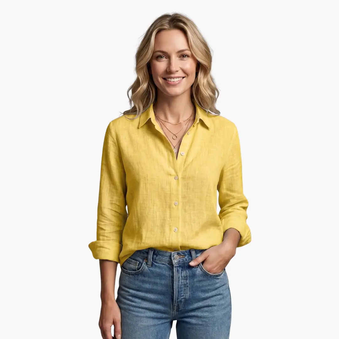 Long-sleeve yellow linen blouse for women by Wilfred Smith