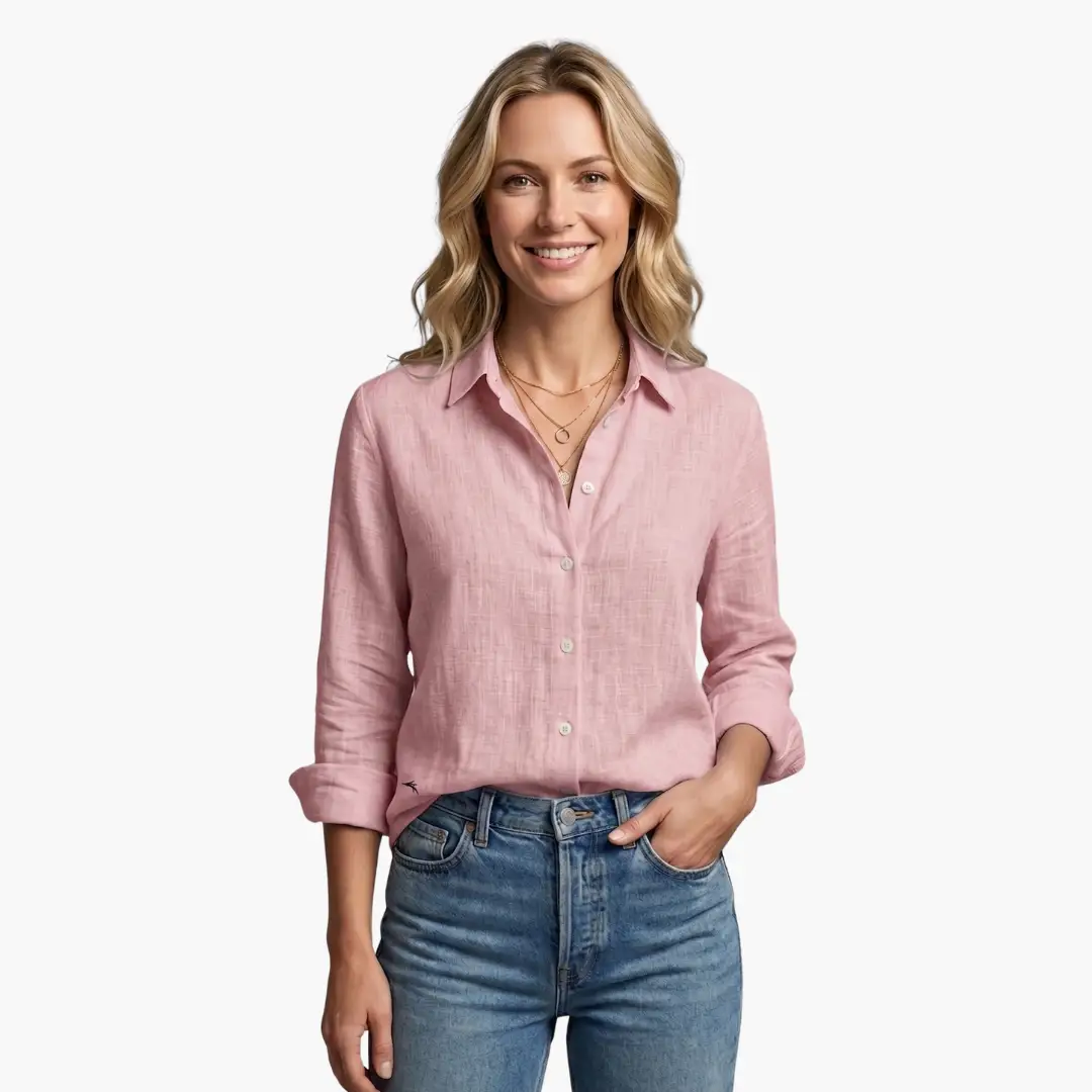 Elegant pink linen long-sleeve blouse by Wilfred Smith for women