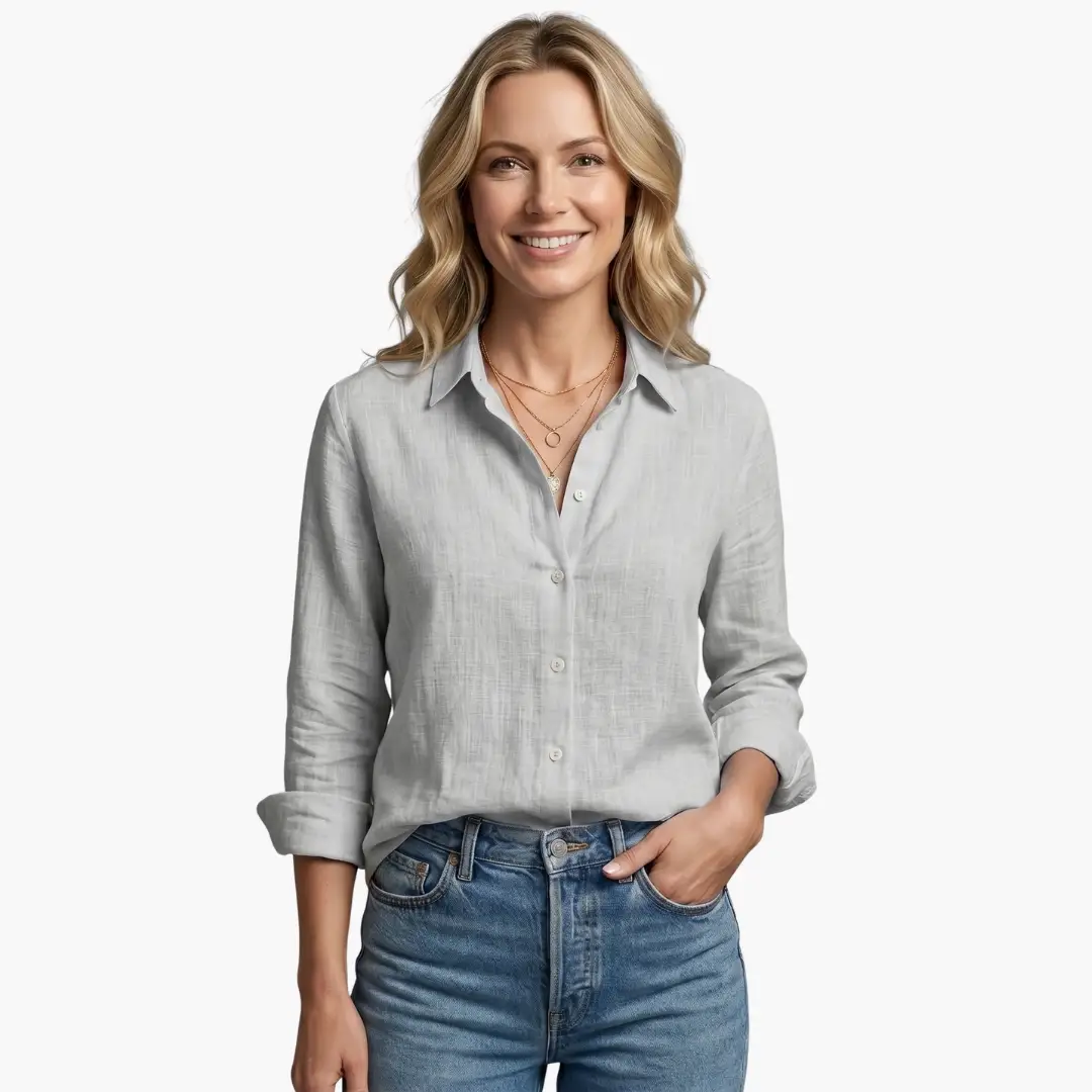 Elegant long sleeve shirt for women by Wilfred Smith in light gray linen with button-down front.