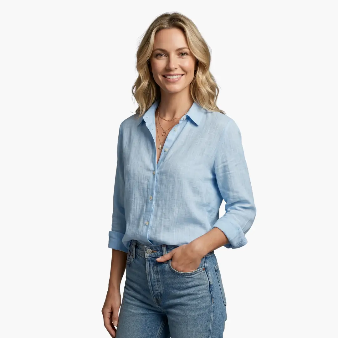 Elegant light-blue long-sleeve blouse for women by Wilfred Smith