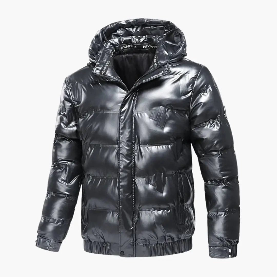 Men's metallic charcoal quilted puffer jacket with hood
