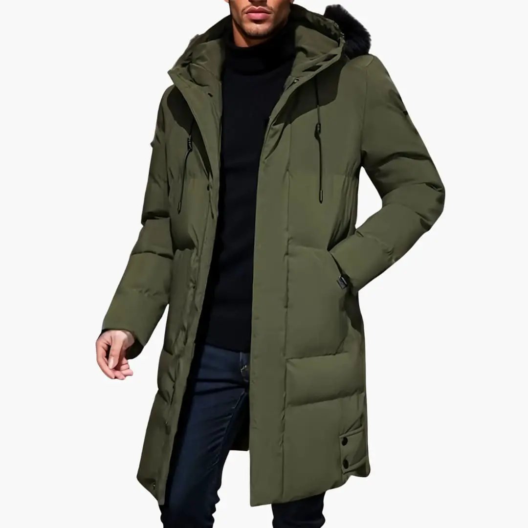 Men's jacket Wilfred Smith olive-green long-hem down parka with adjustable hood.