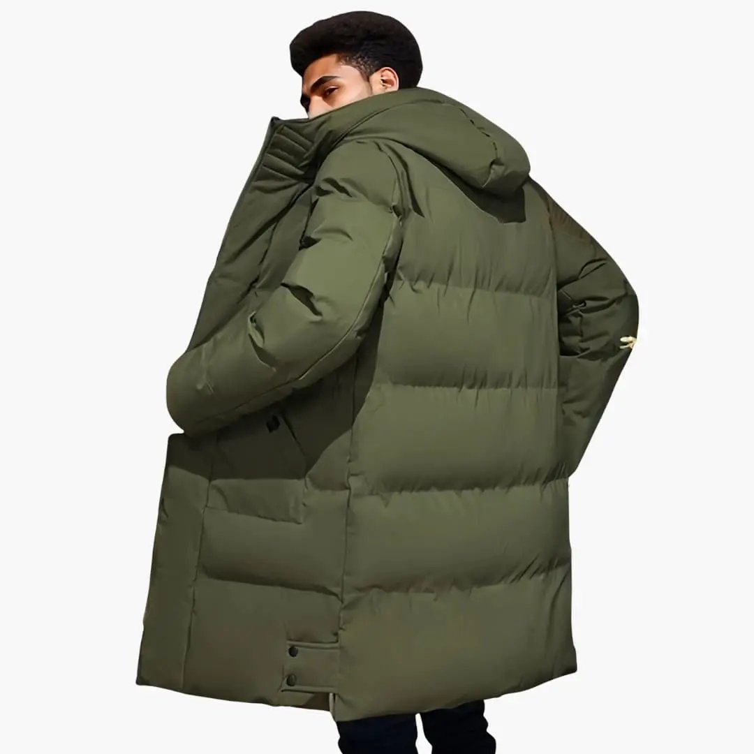 Men's Winter Jacket with long hem and adjustable hood in olive green