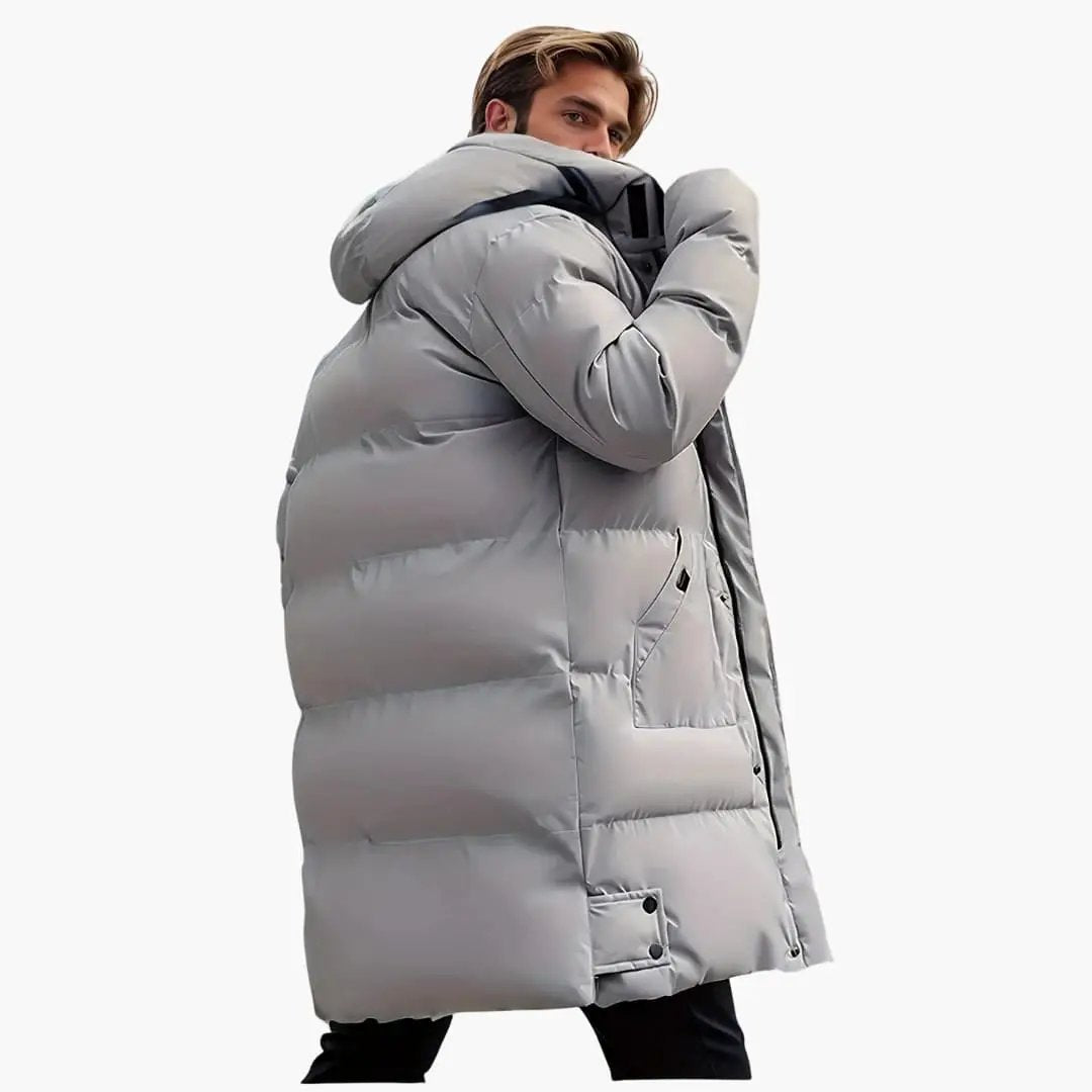 Men's Winter Jacket with Long Hem and Adjustable Hood in light gray down by Wilfred Smith