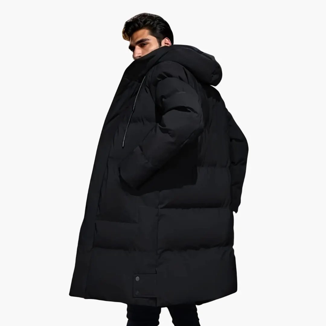 Men's long-hem black down jacket with hood, puffer style for winter warmth