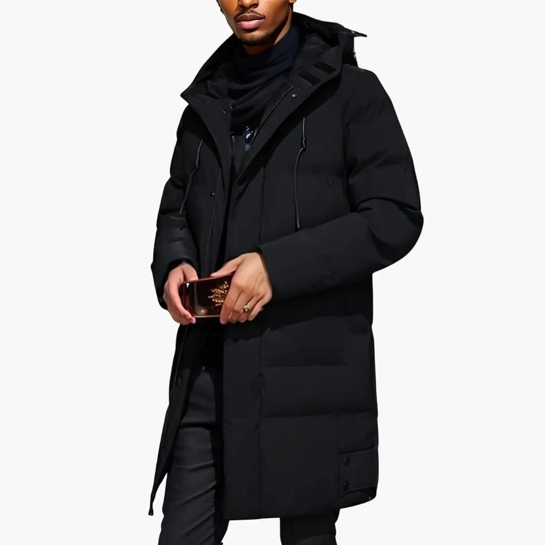 Men's black long-line down jacket with hood and front pockets