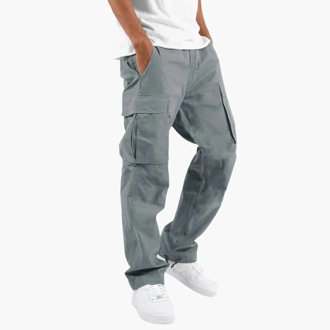 Men's cargo pants in gray by Wilfred Smith with flap pockets and side zip