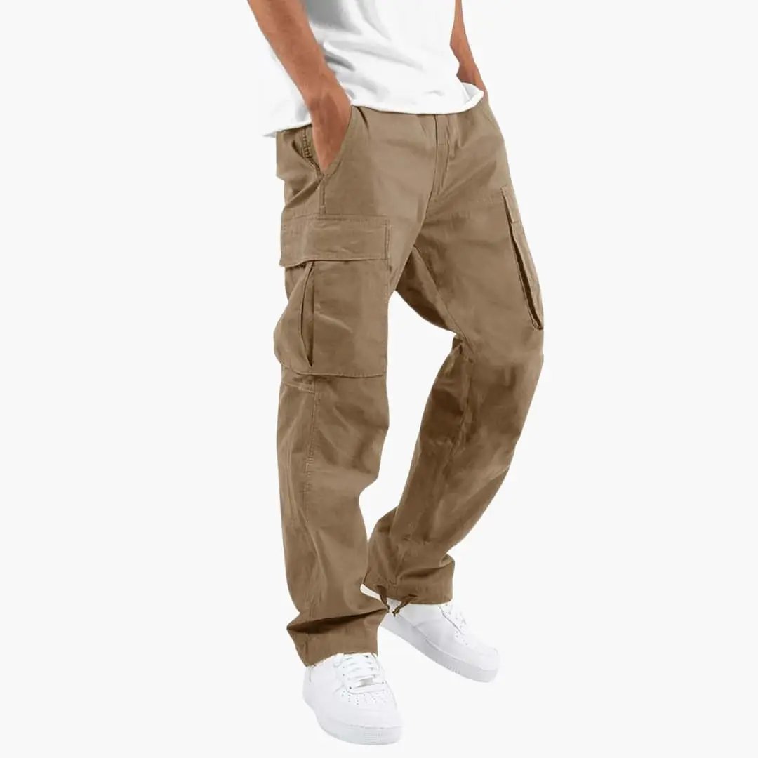 Men's cargo pants with flap pockets in tan by Wilfred Smith