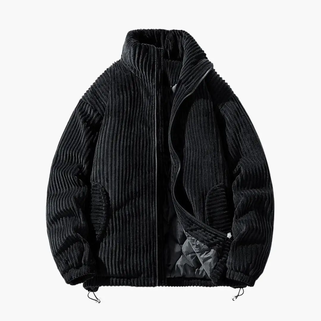 Men's cord jacket with zipper and stand-up collar in black by Wilfred Smith