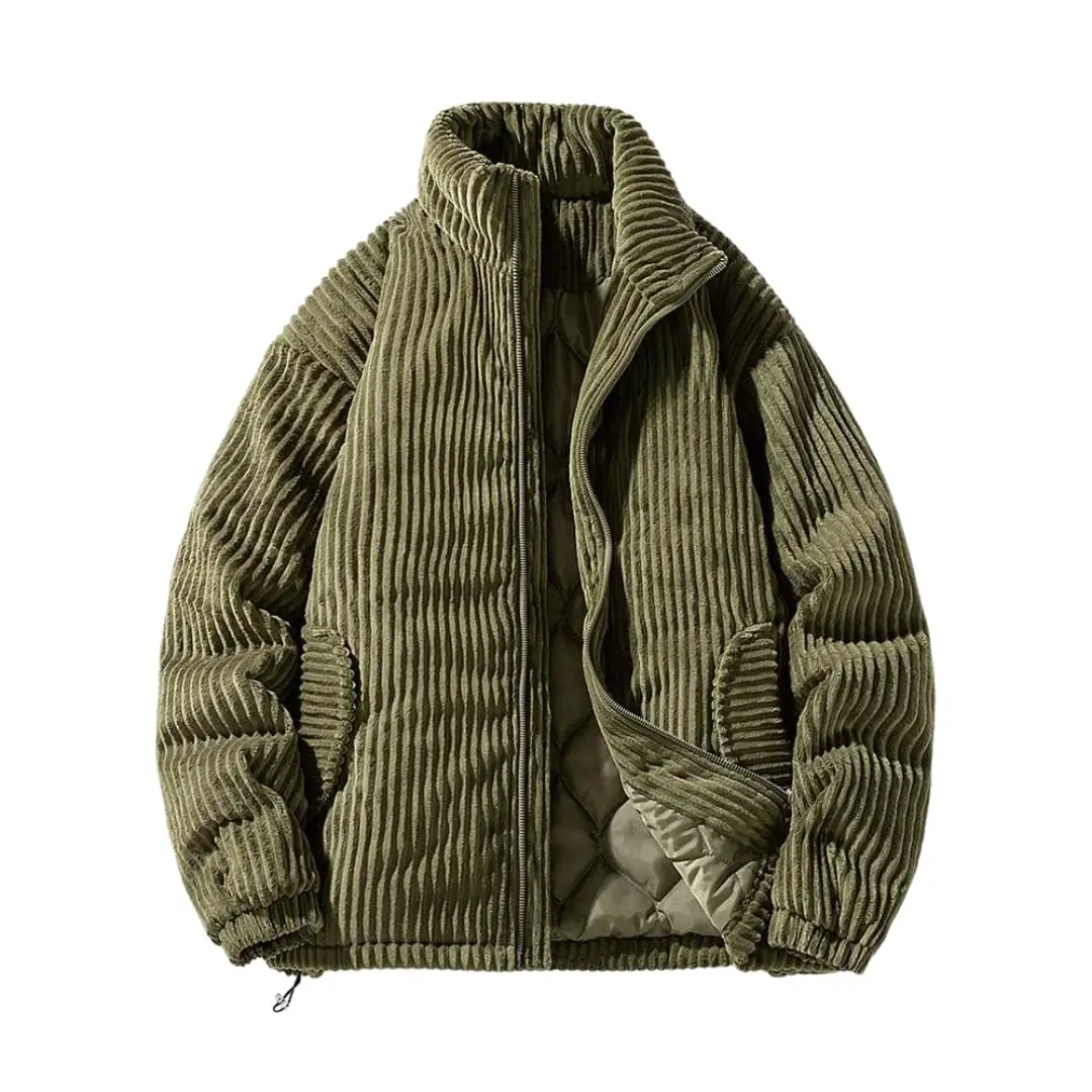 Men’s olive-green corduroy jacket with zipper closure and collar, quilted inner lining
