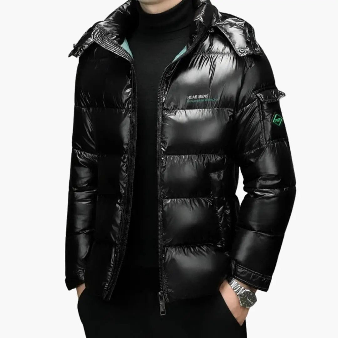 Men's down jacket by Wilfred Smith, black puffer with hood, long sleeves