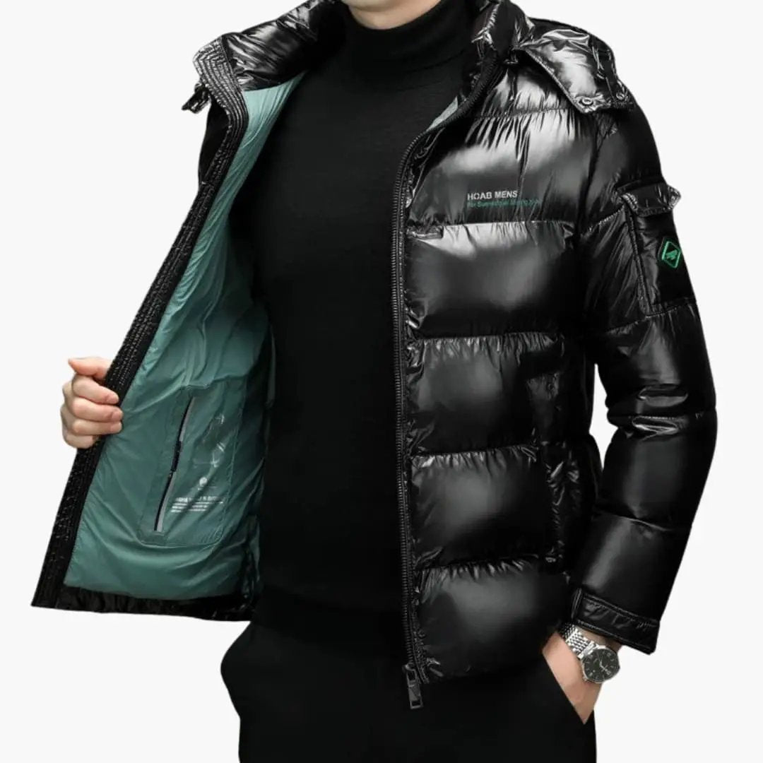 Men's down jacket with long sleeves, black glossy puffer with teal lining, Wilfred Smith