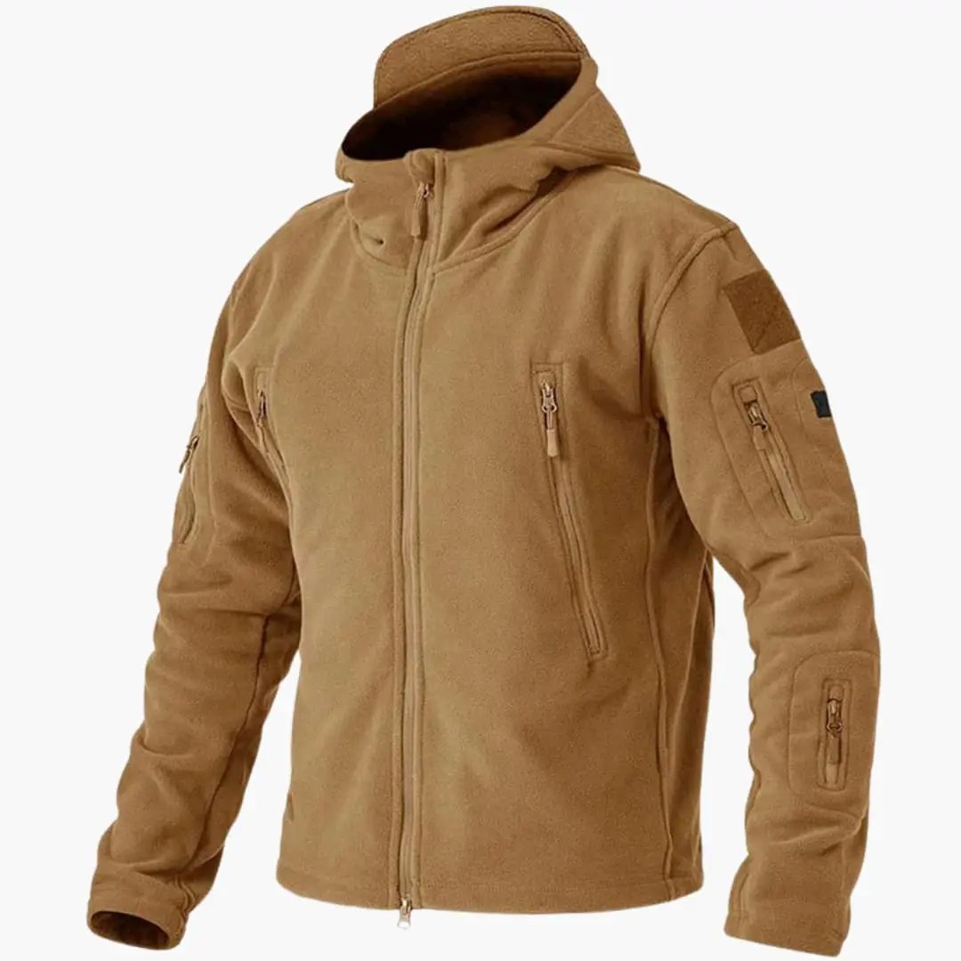 Men's fleece jacket by Wilfred Smith in tan, hooded with zip front and zipped chest and sleeve pockets.