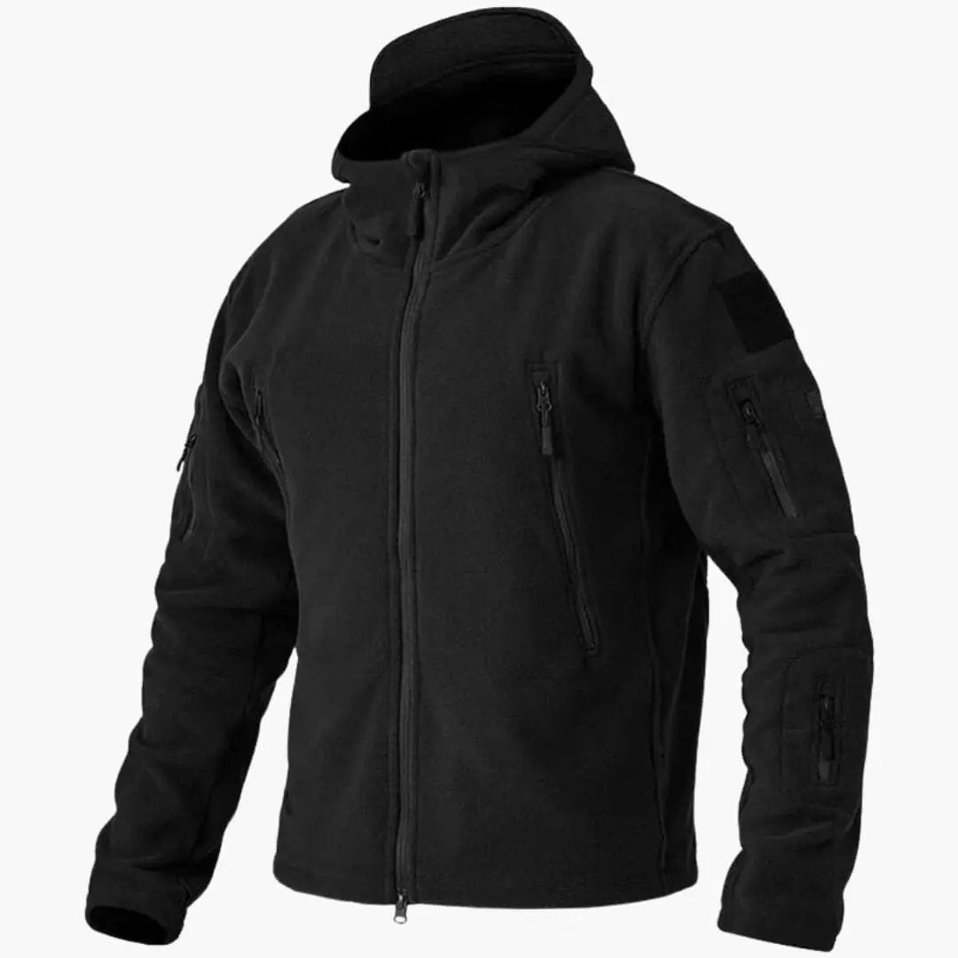 Men's black fleece jacket with zip-front.