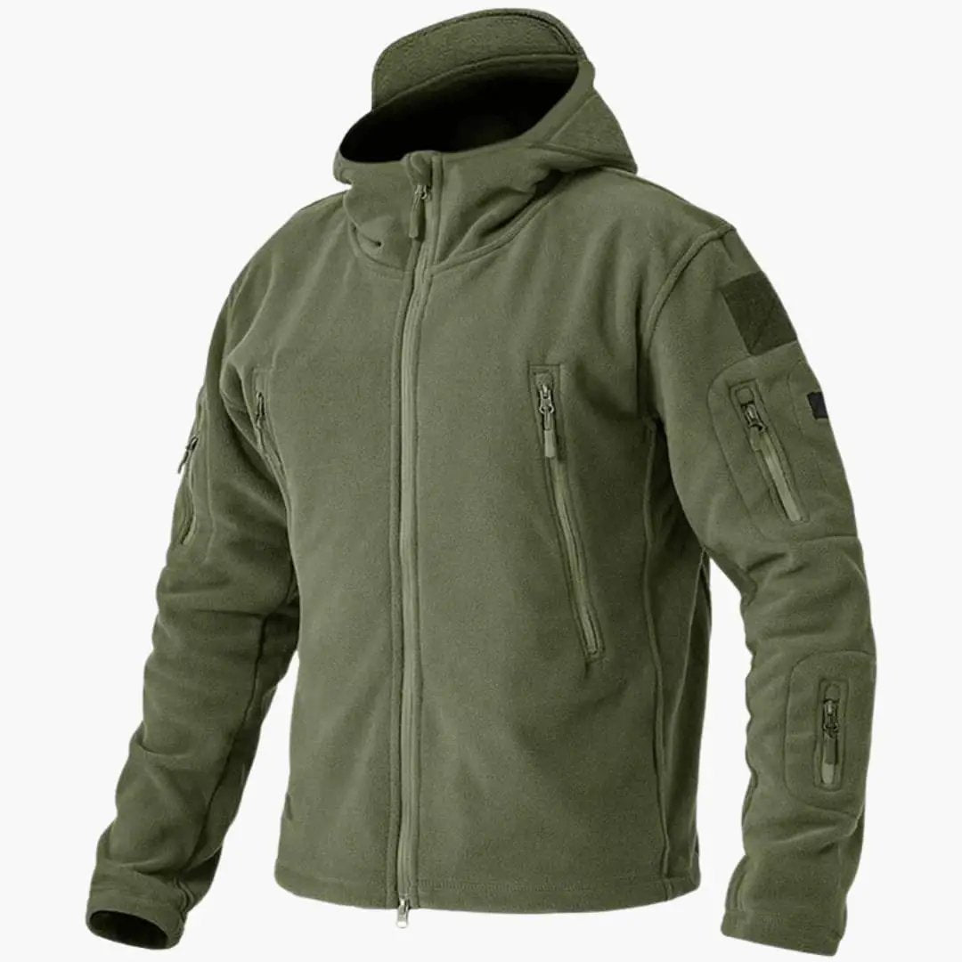 Wilfred Smith men's fleece jacket with zipper, hood, and side pockets in olive green
