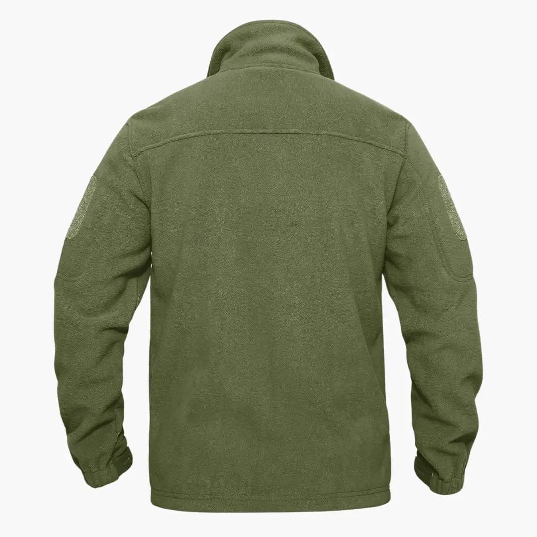 Men's green fleece jacket back view with long sleeves and stand-up collar