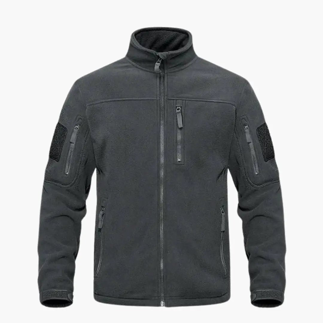Men's fleece jacket with full zip, charcoal gray, chest zip pocket and side zip pockets