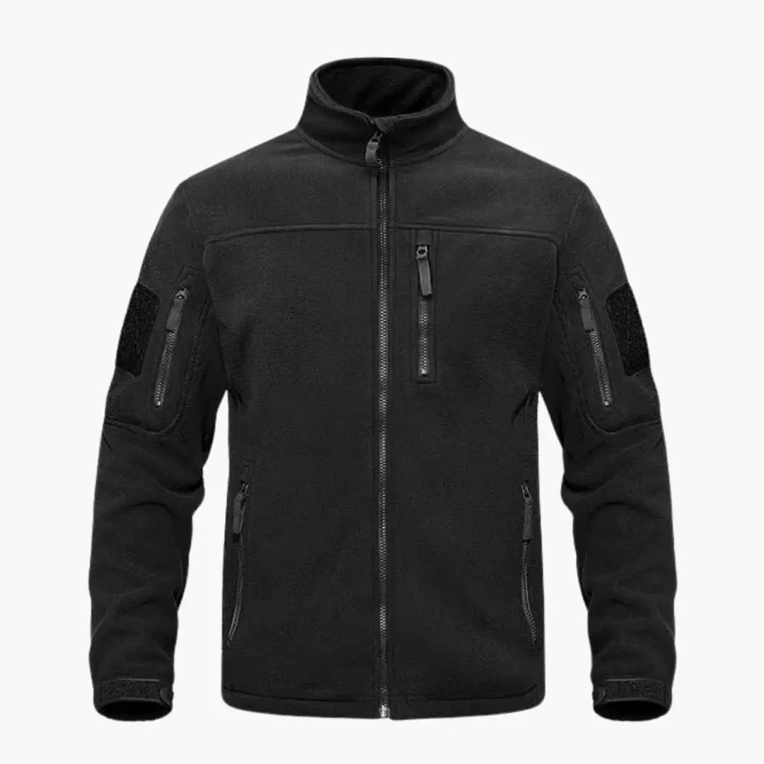 Men's Fleece Jacket with Full Zipper by Wilfred Smith, black fleece with chest and arm zip pockets