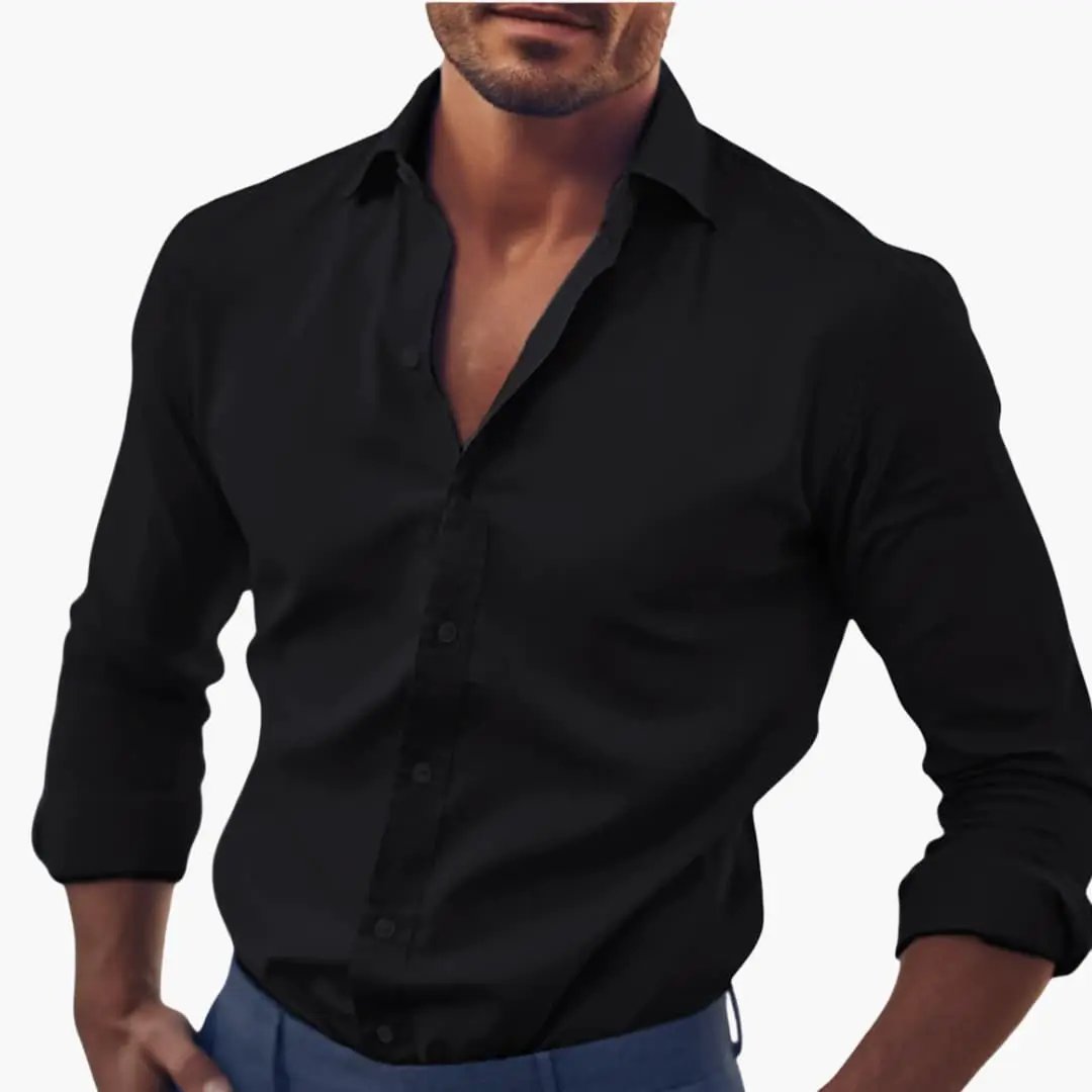 Men's black long-sleeve shirt with collar and button-front