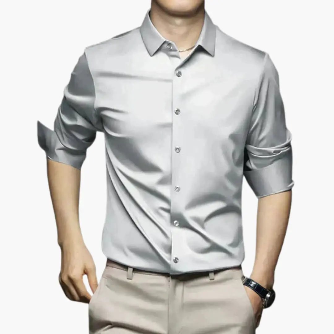 Men's long-sleeve collared shirt in light gray with button front.