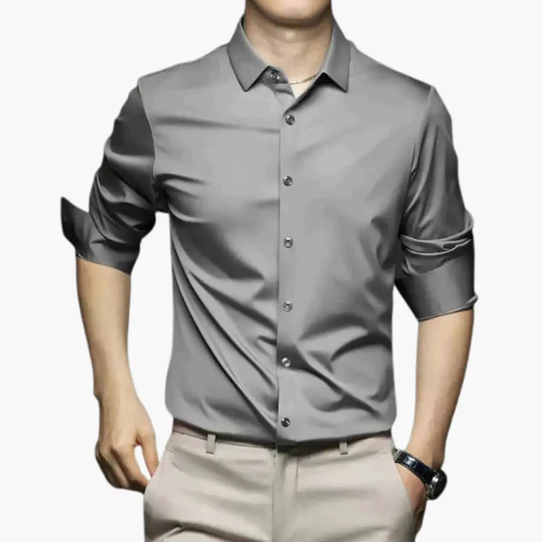 Men's gray long-sleeve button-down shirt with collar and rolled sleeves.