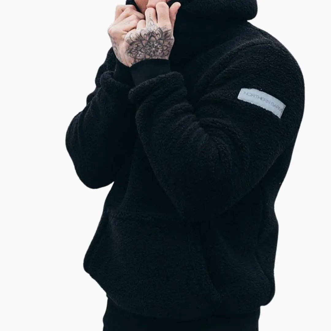 Men's hoodie, black fleece pullover with ribbed cuffs by Wilfred Smith