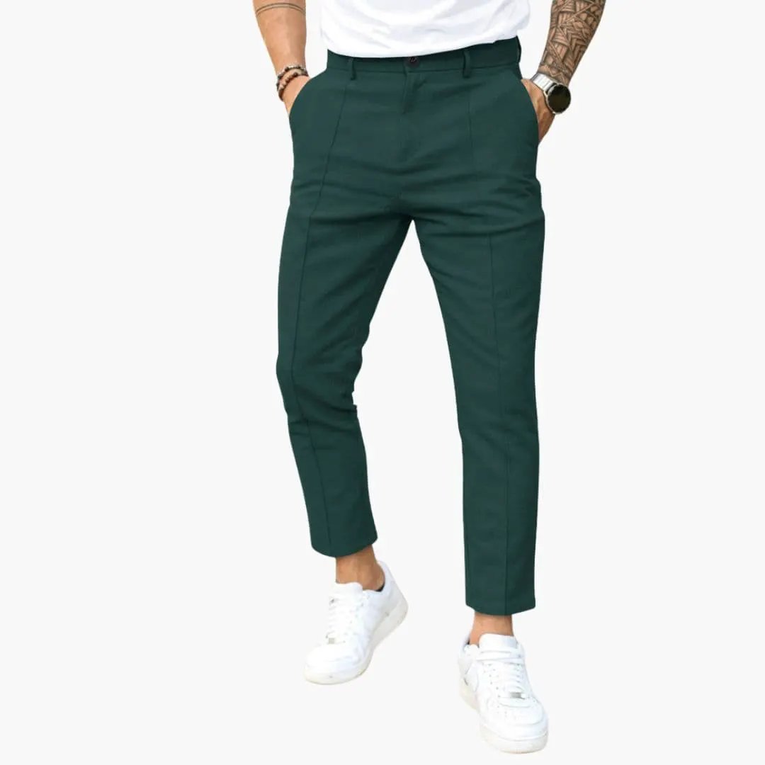 Men's green Wilfred Smith pants with belt loops and straight leg