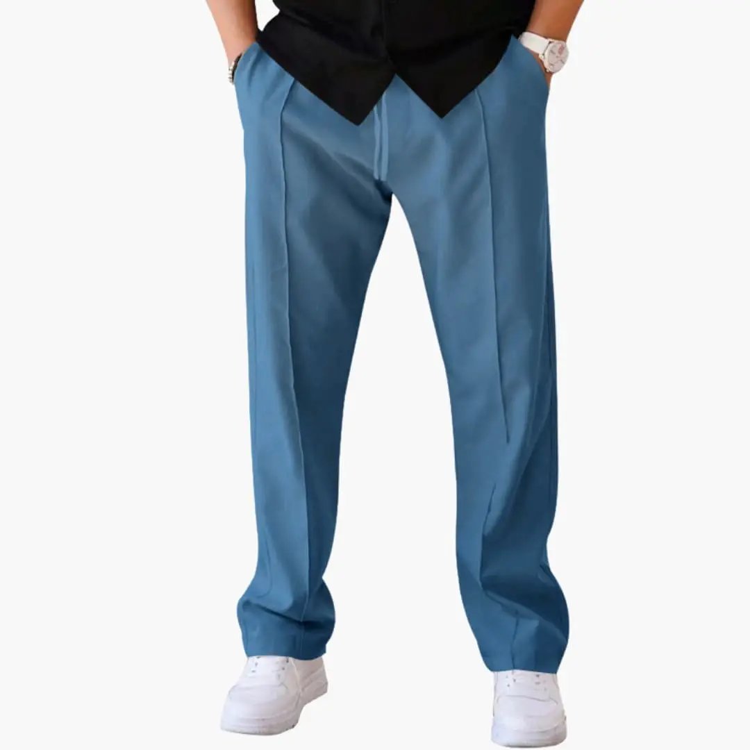 Men's straight-leg trousers in blue with side pockets by Wilfred Smith.
