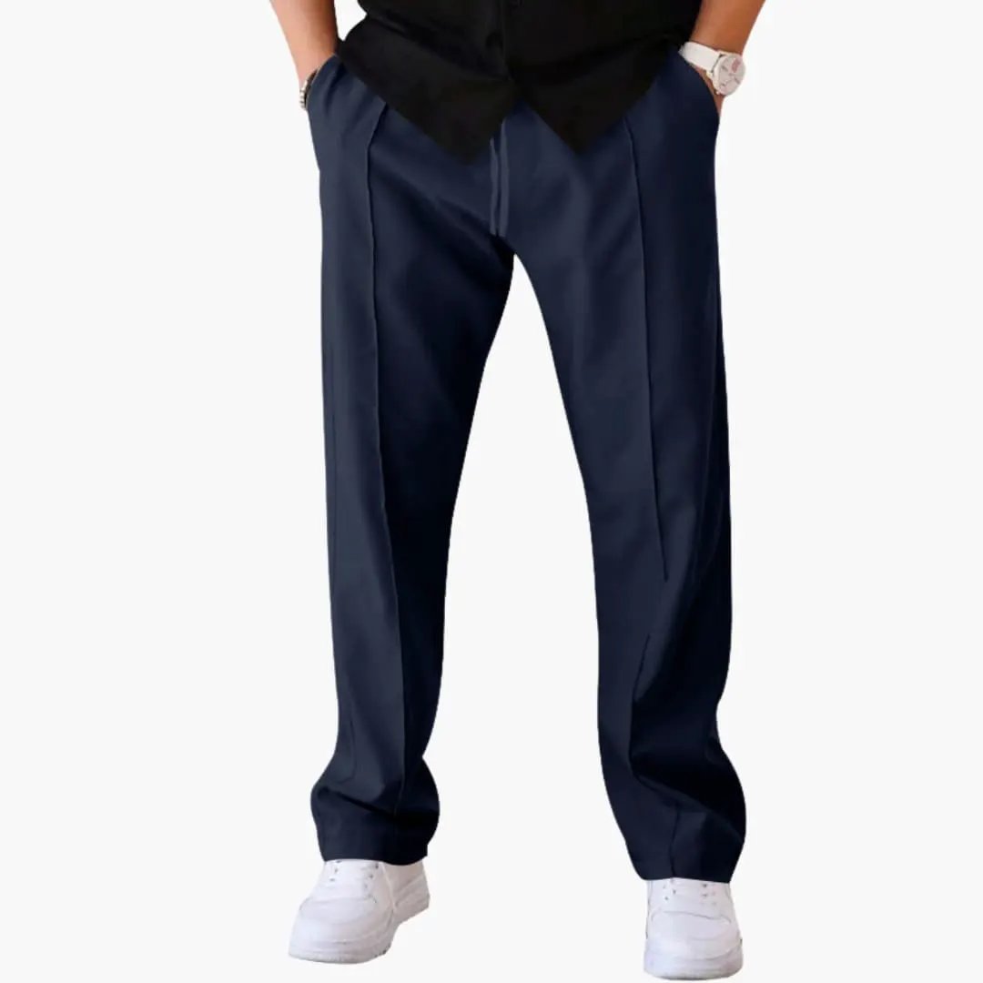 Men's straight leg trousers in navy with side pockets and drawstring waist by Wilfred Smith
