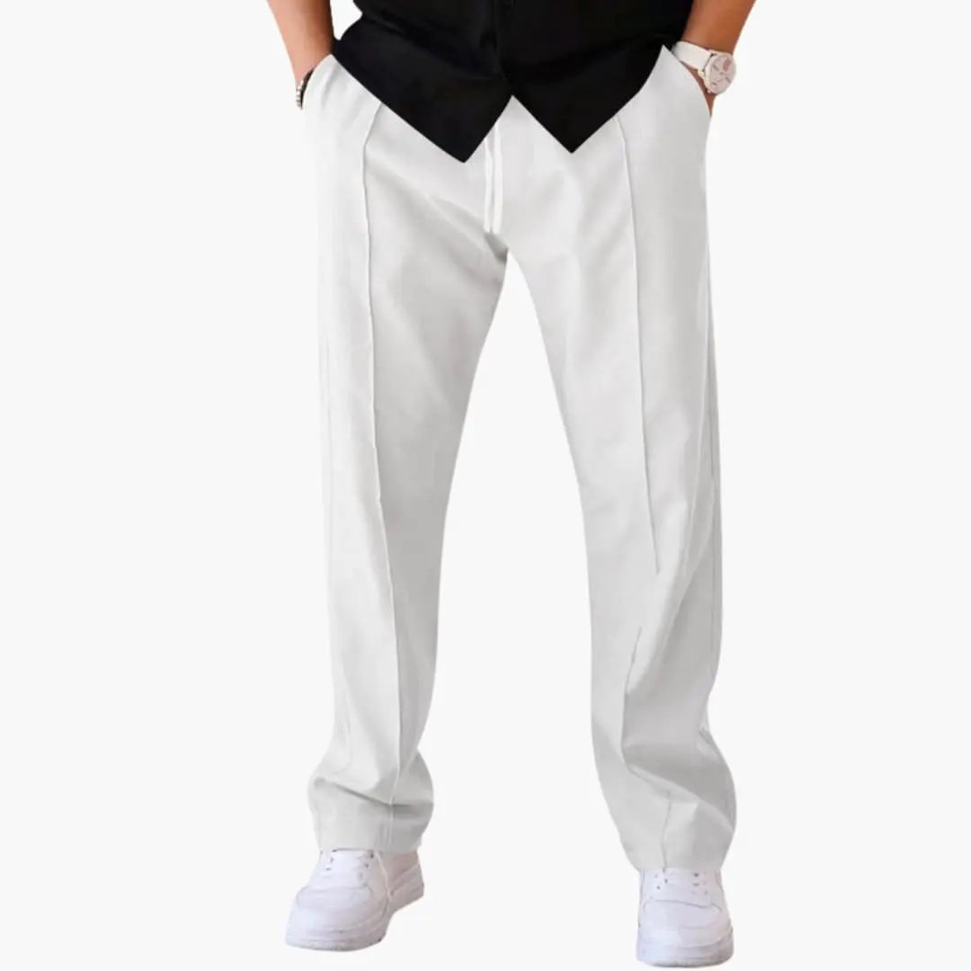 Men's straight-leg trousers with side pockets in white, drawstring waist.