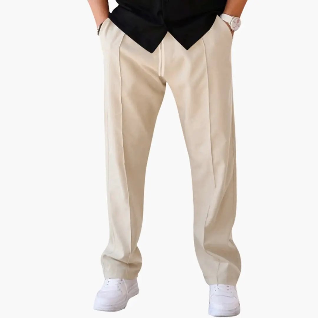 Men's straight leg trousers with side pockets, beige, drawstring waist