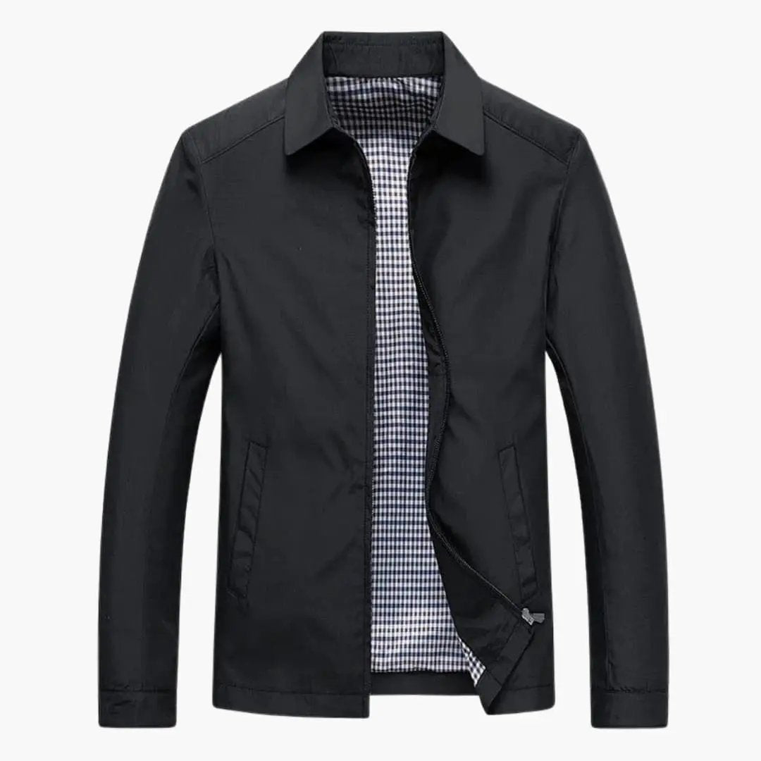 Men's jacket with shirt collar, black exterior with zipper, checkered lining, Wilfred Smith