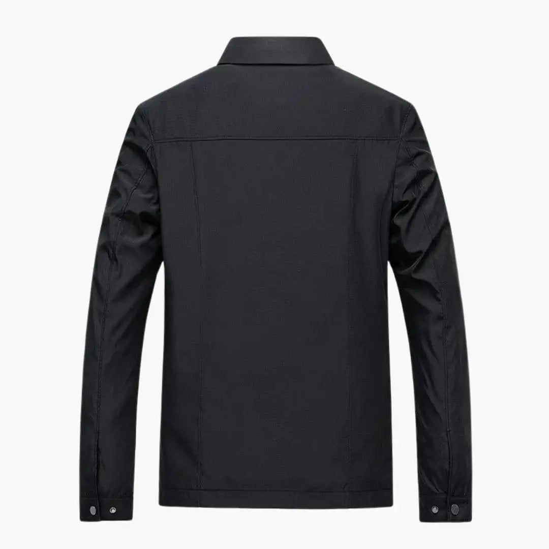 Men's black jacket with shirt collar, back view, zipper closure
