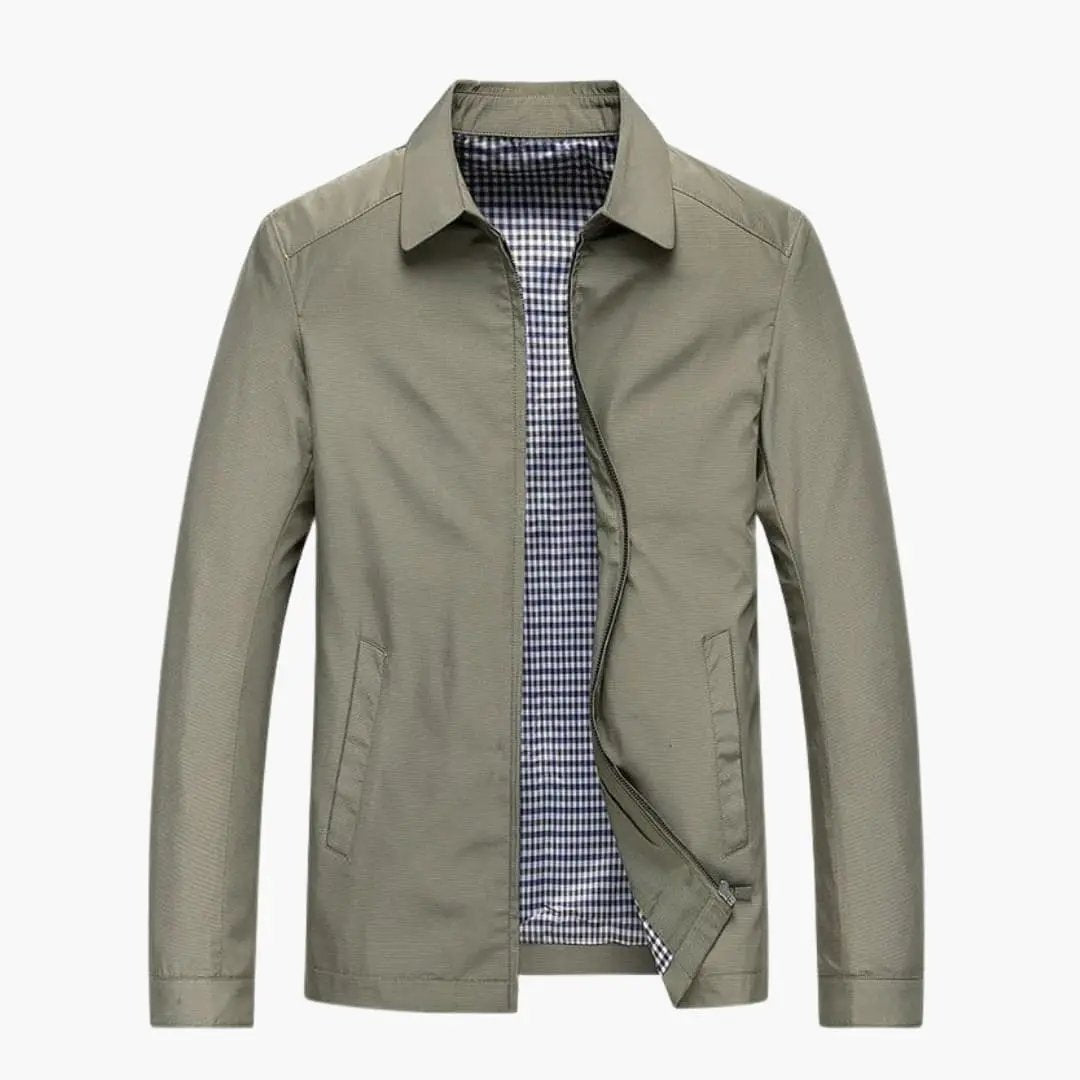 Men's olive jacket with front zipper and shirt collar