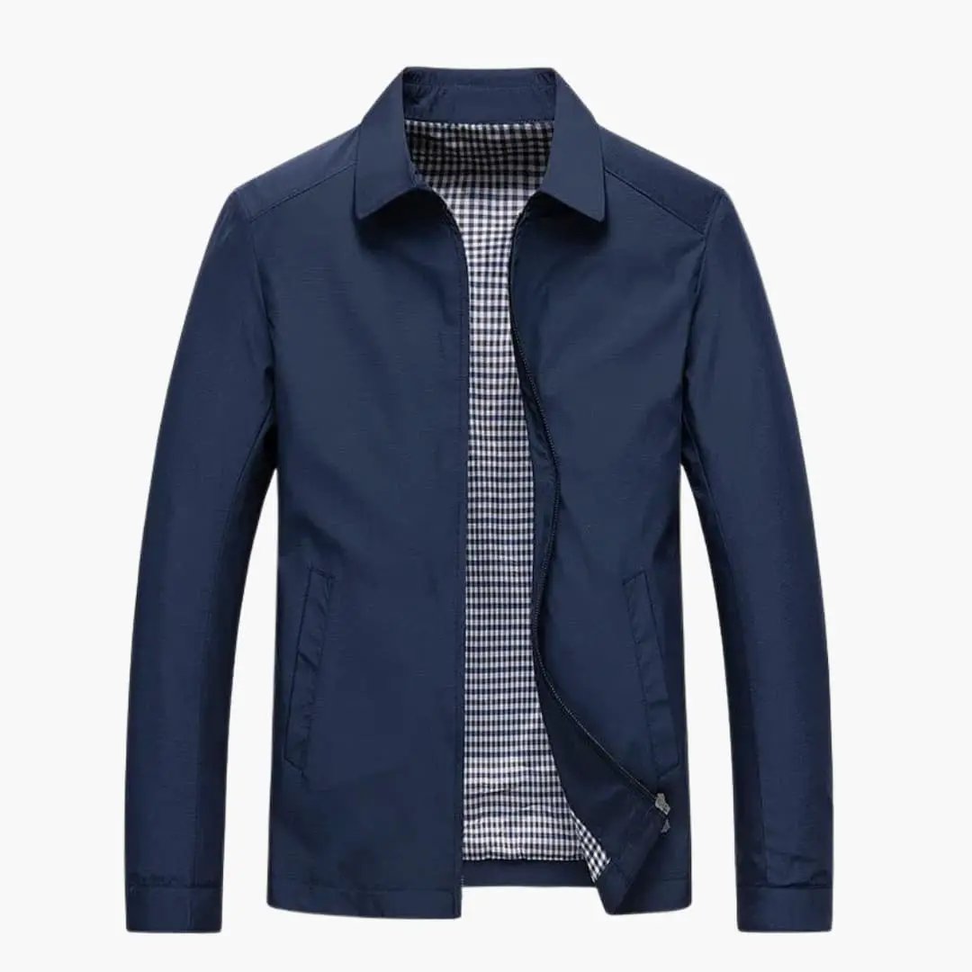 Men's navy blue jacket with zipper, shirt collar and gingham lining, Wilfred Smith