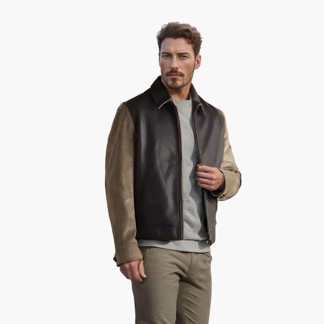 Men's jacket by Wilfred Smith, two-tone leather with front zipper and tan sleeves