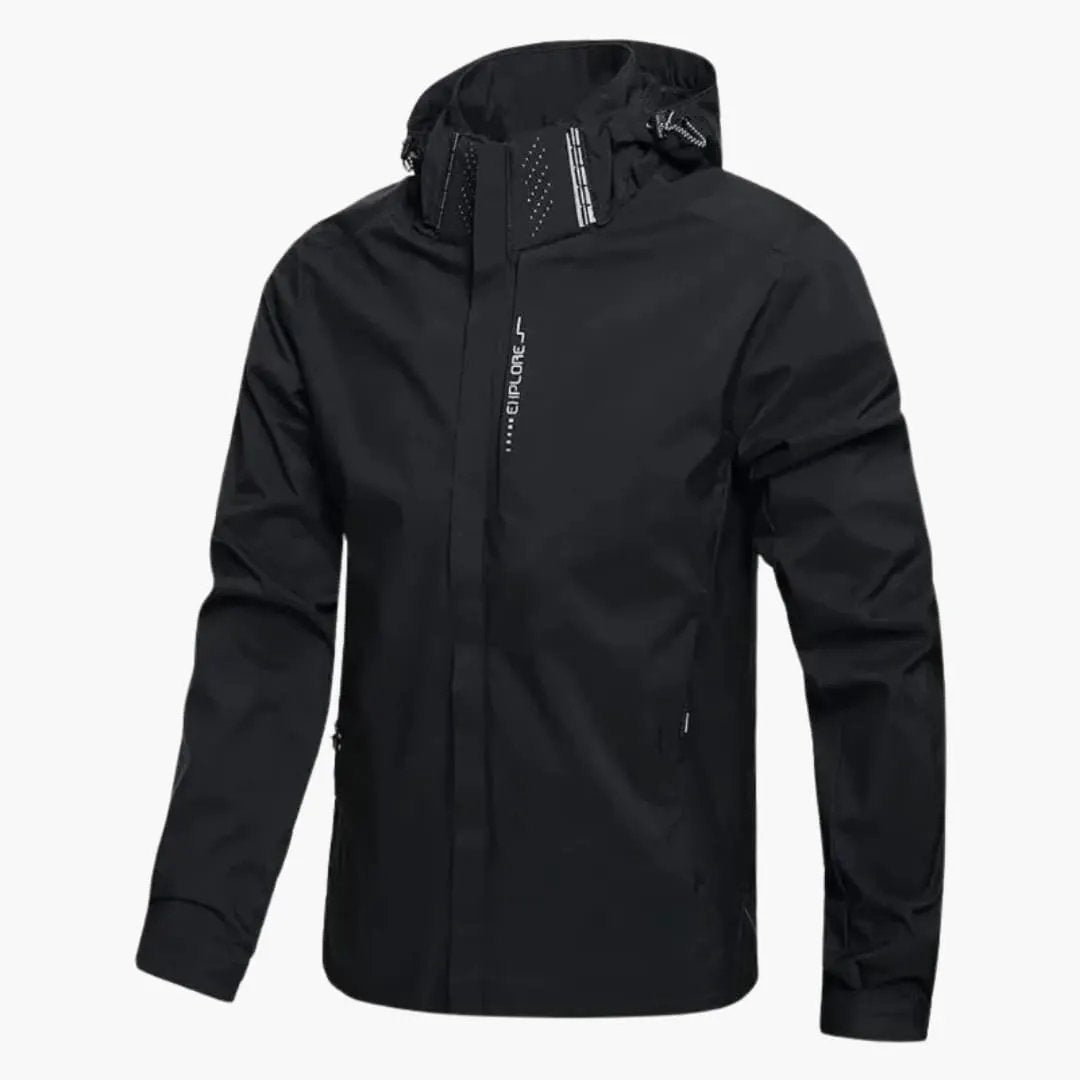 Men's Hooded Jacket by Wilfred Smith with zipper pockets in black.