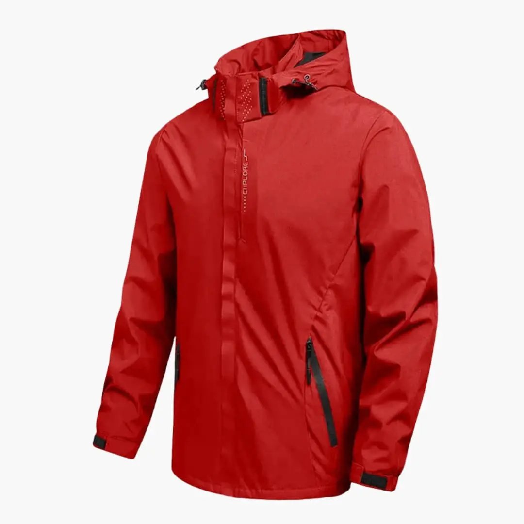 Men's hooded jacket by Wilfred Smith in red with zippered pockets.