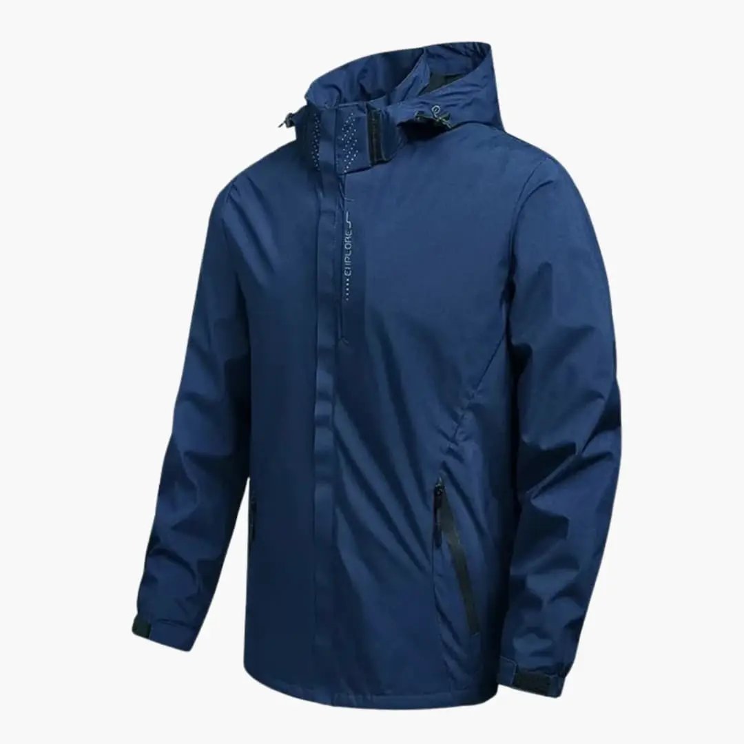 Men's hooded jacket with zipper pockets in blue by Wilfred Smith