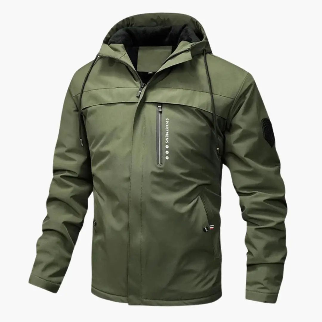 Men's olive green hooded jacket with zipper, drawstring hood, vertical chest zip pocket, and side pockets