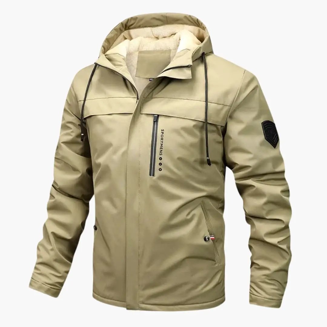 Men's hooded jacket in beige by Wilfred Smith with pockets