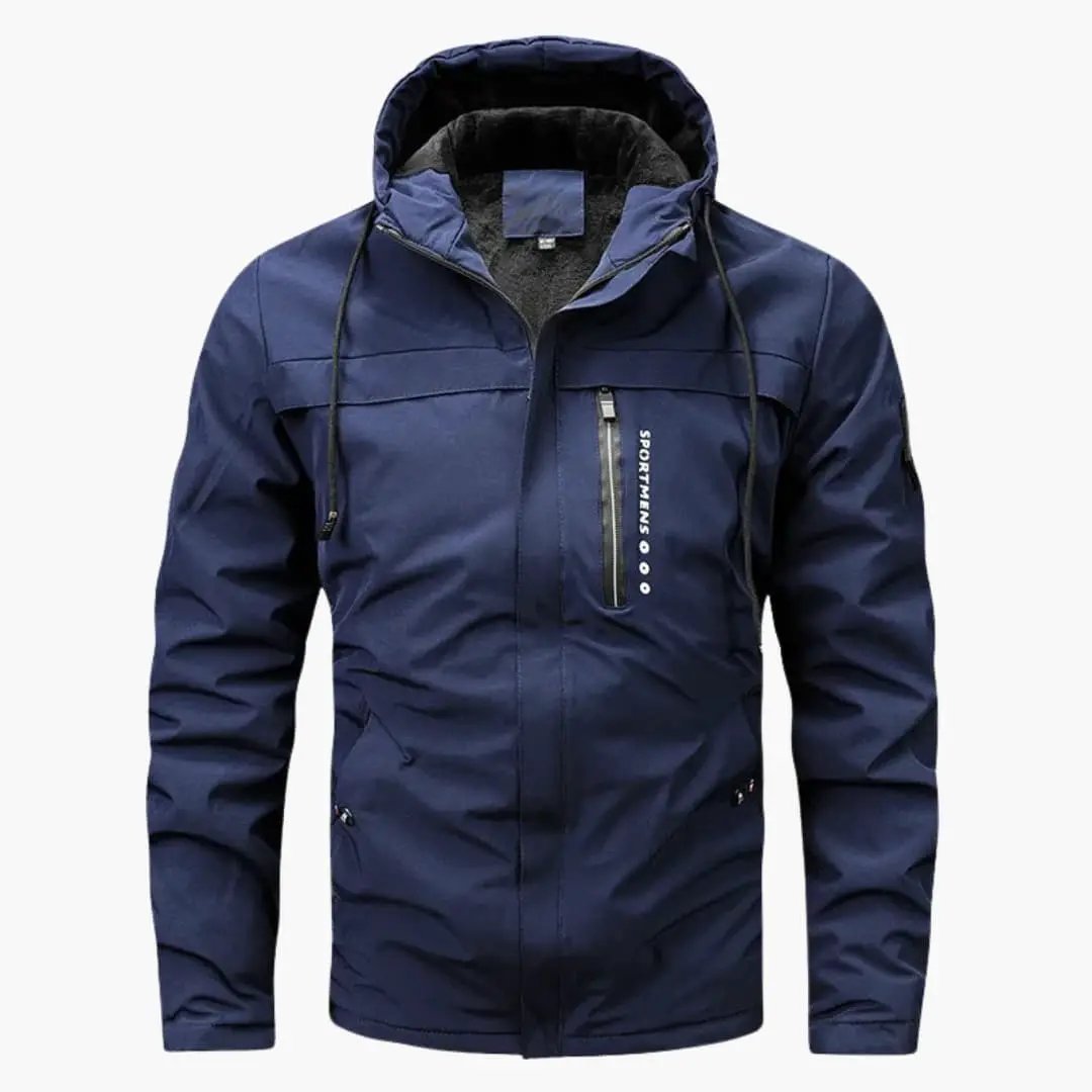 Men's navy blue hooded jacket with front zip, chest pocket, and drawstring hood.