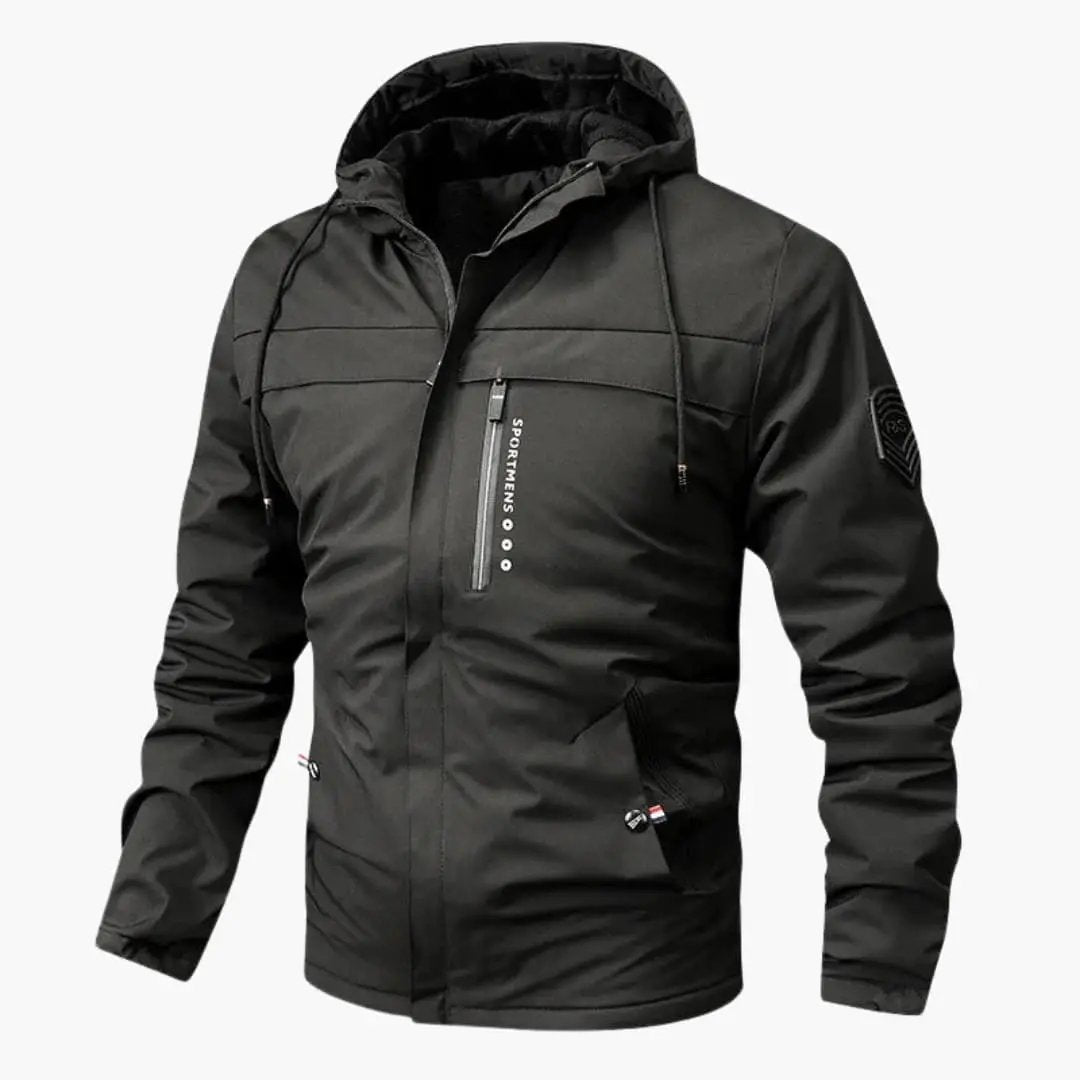 Men's hooded black jacket with front zipper, chest zip pocket and side pockets