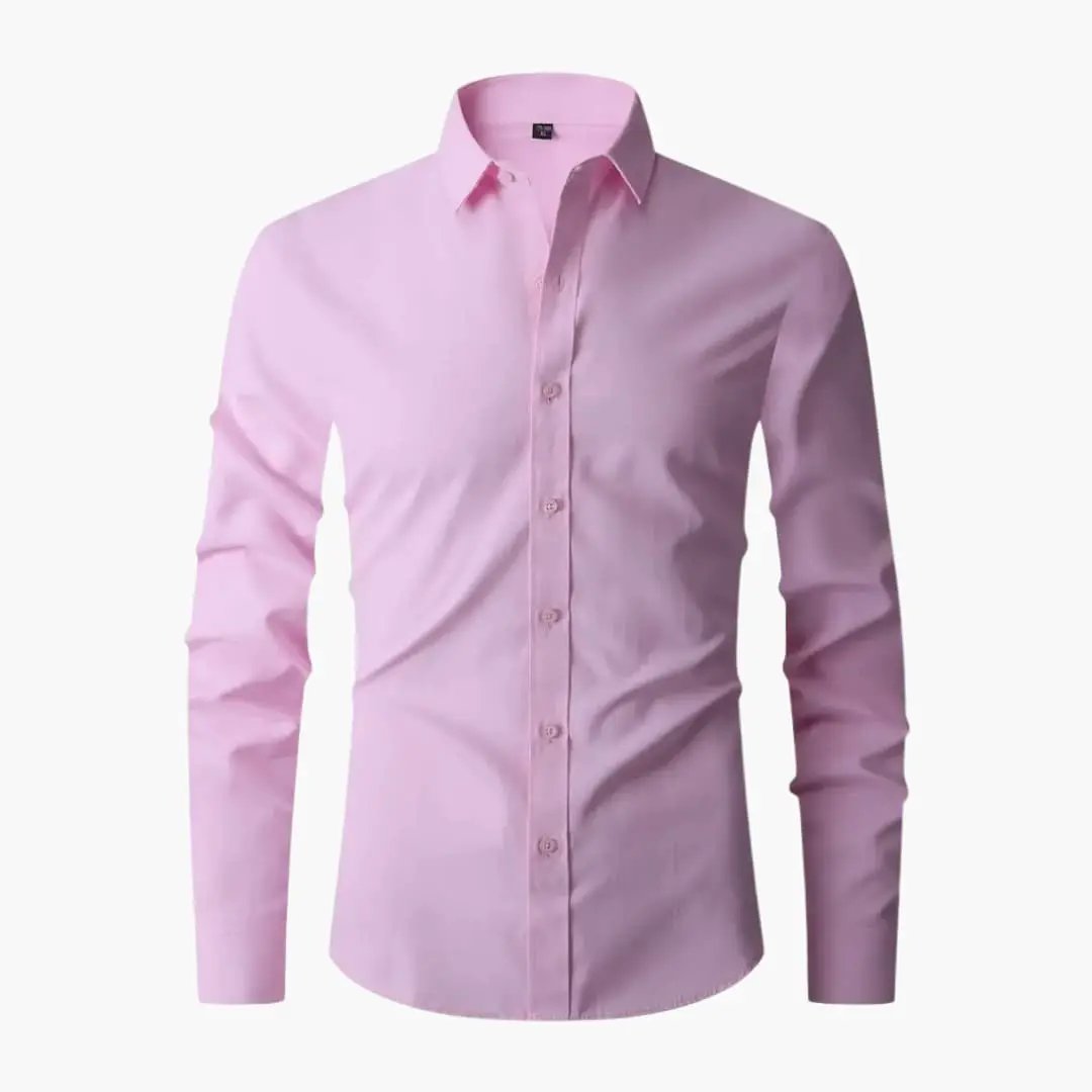 Men's long-sleeve pink shirt with collar and button placket by Wilfred Smith