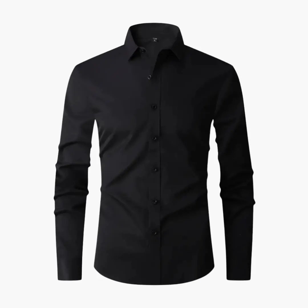 Men's black long-sleeve shirt with collar and button placket by Wilfred Smith
