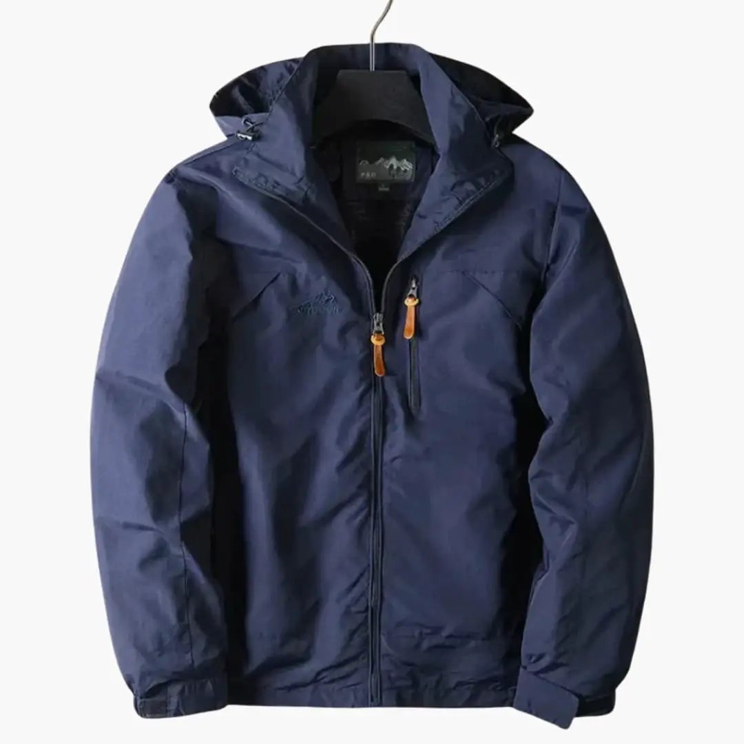 Men's outdoor jacket with hood and zipper, navy blue, Wilfred Smith sport jacket