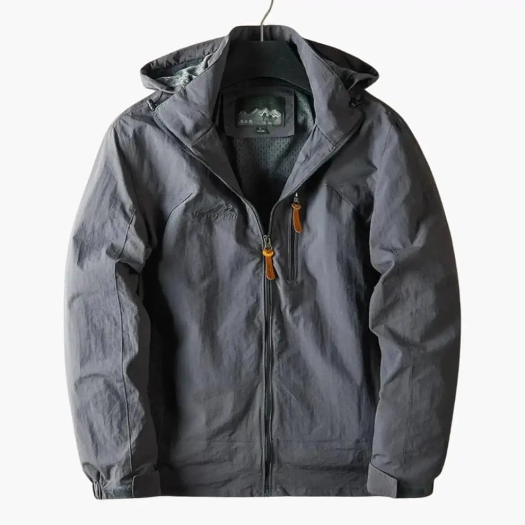 Men's outdoor jacket with hood and zipper, gray bomber-style sport jacket by Wilfred Smith.