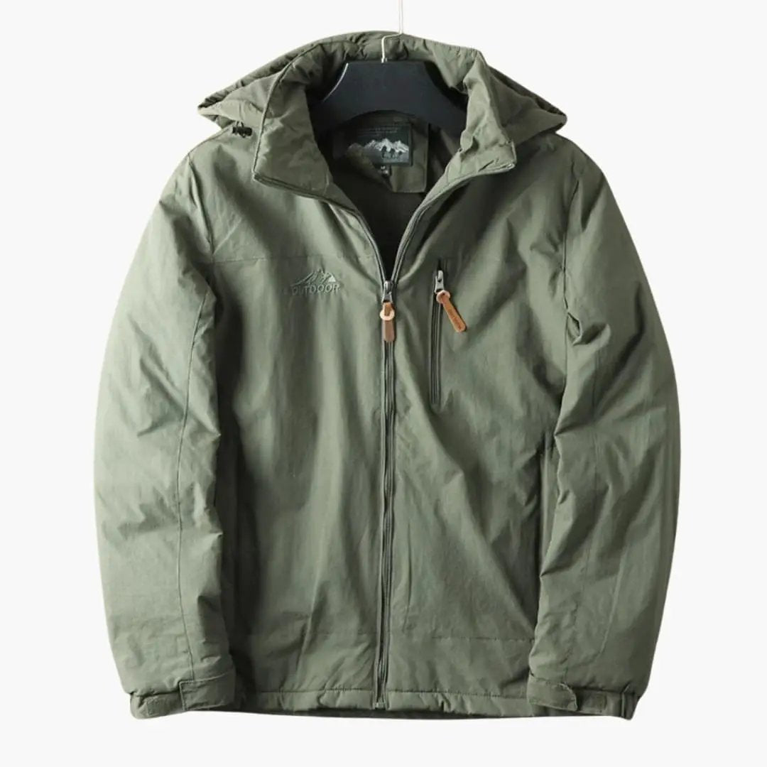 Men's olive green outdoor bomber jacket with hood, front zipper and leather pull tabs, Wilfred Smith.